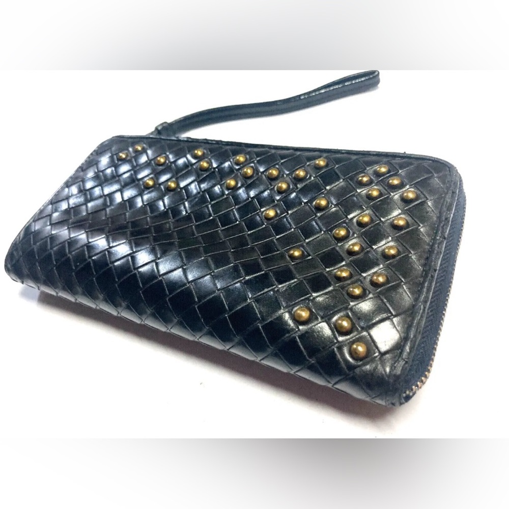 BOTTEGA VENETA VINTAGE STUDDED INTRECCIATO ZIP AROUND LEATHER LONG WALLET